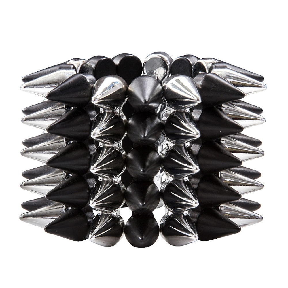 5-Row Black/Silver Spike Stud Wide Cuff Bracelet